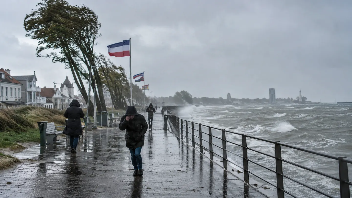 Stürmische deutsche Küstenpromenade mit Regen, hohen Wellen und gebeugten Bäumen