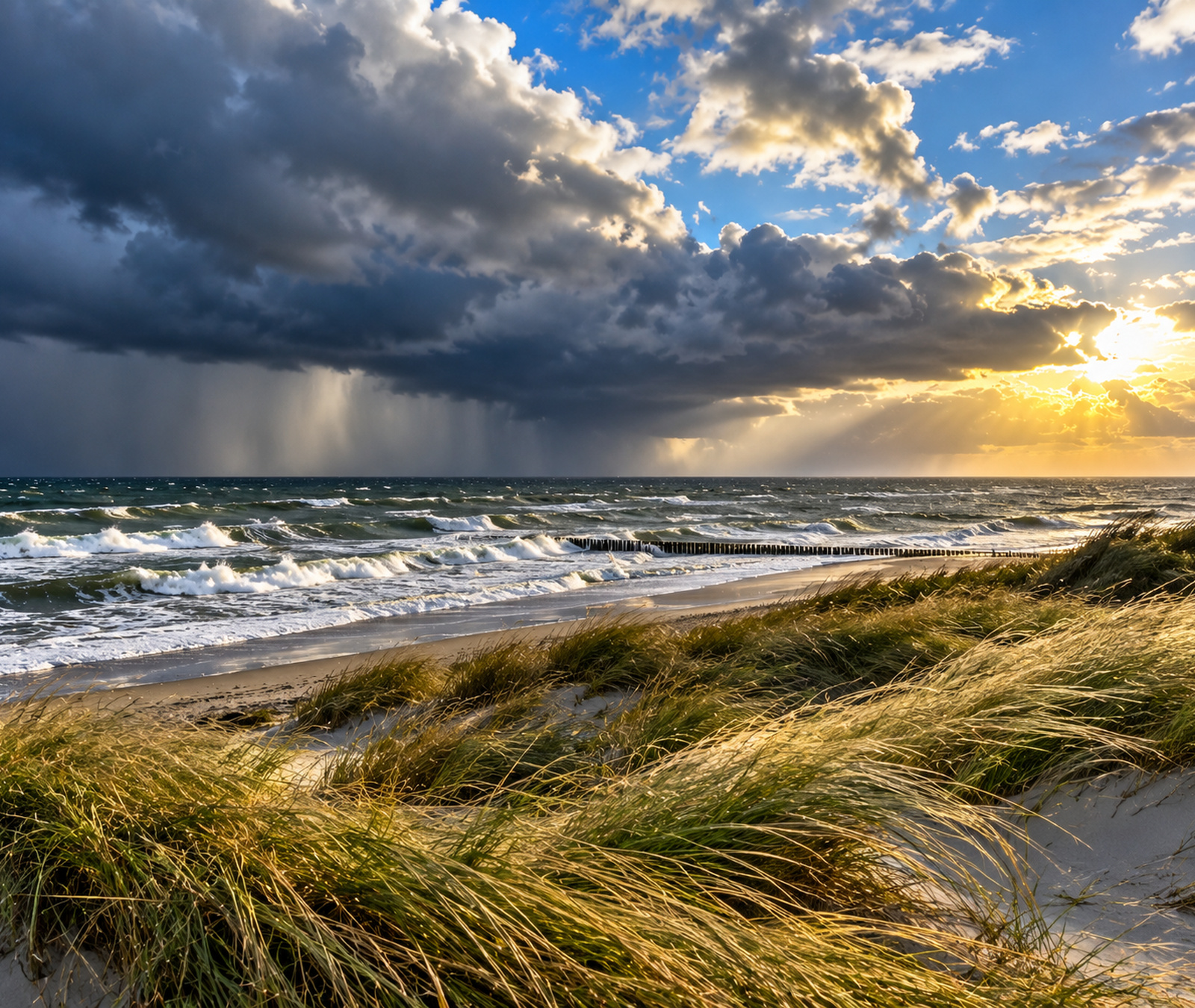 Windige deutsche Nordseeküste mit kräftigen Schauern und Auflockerungen