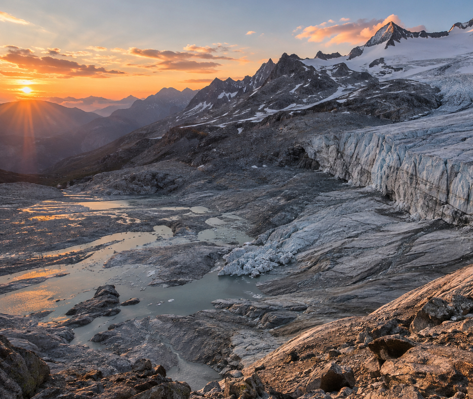Stark zurückgezogener Hochgebirgsgletscher mit freigelegtem Fels und Schmelzwasser als Symbolbild für den Gletscherschwund in Deutschland