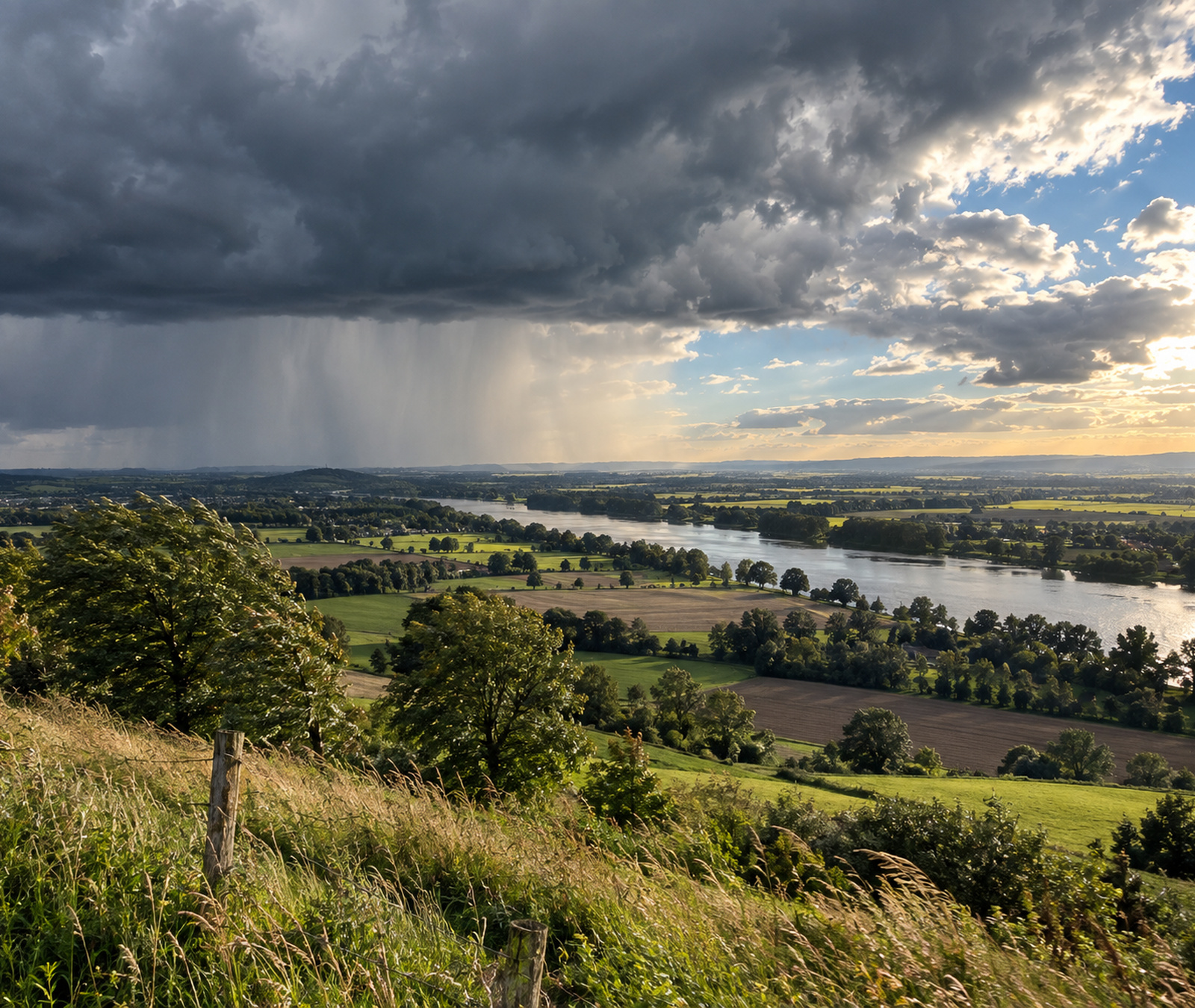 Dramatische Wettergrenze über einer deutschen Flusslandschaft mit Regenwolken und sonnigen Abschnitten