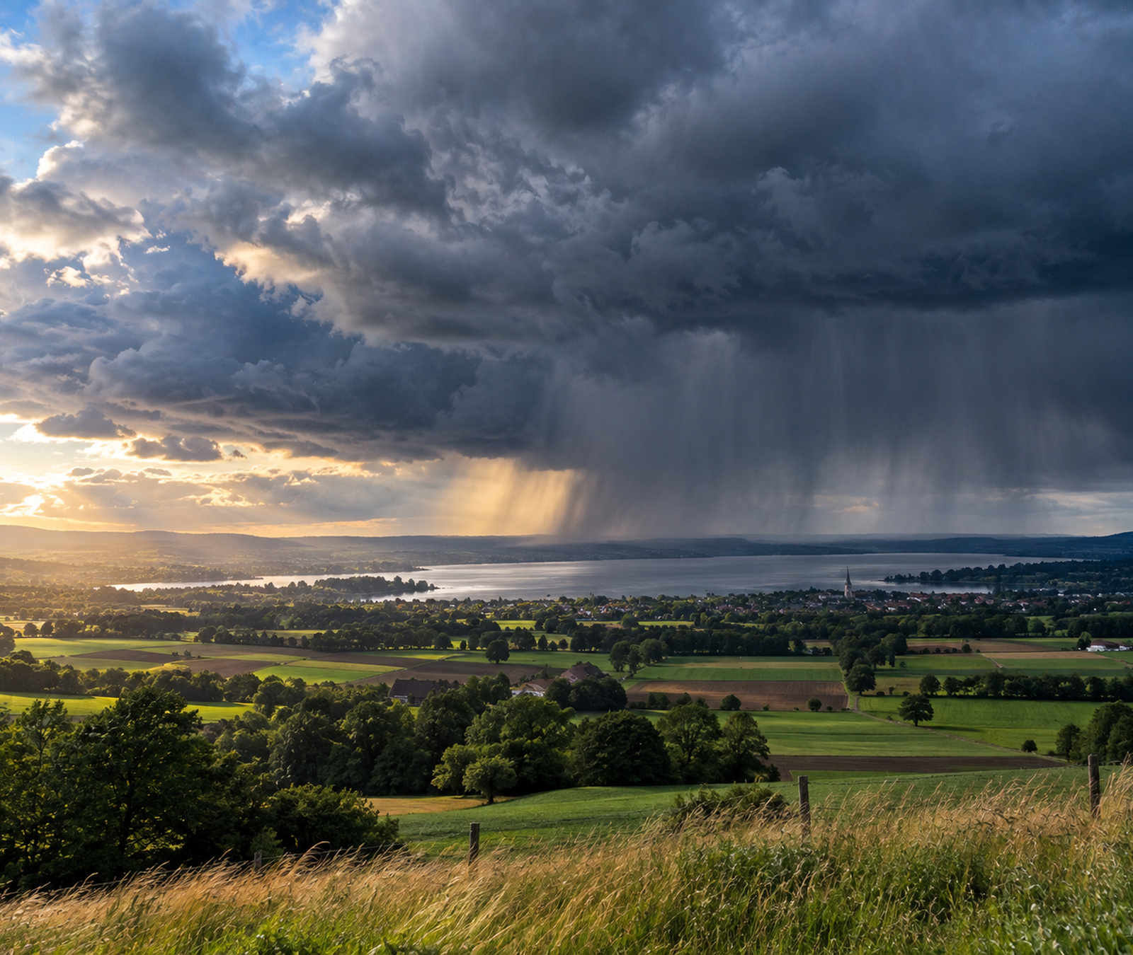 Deutsche Landschaft unter kräftigen Schauerwolken mit sonnigen Auflockerungen