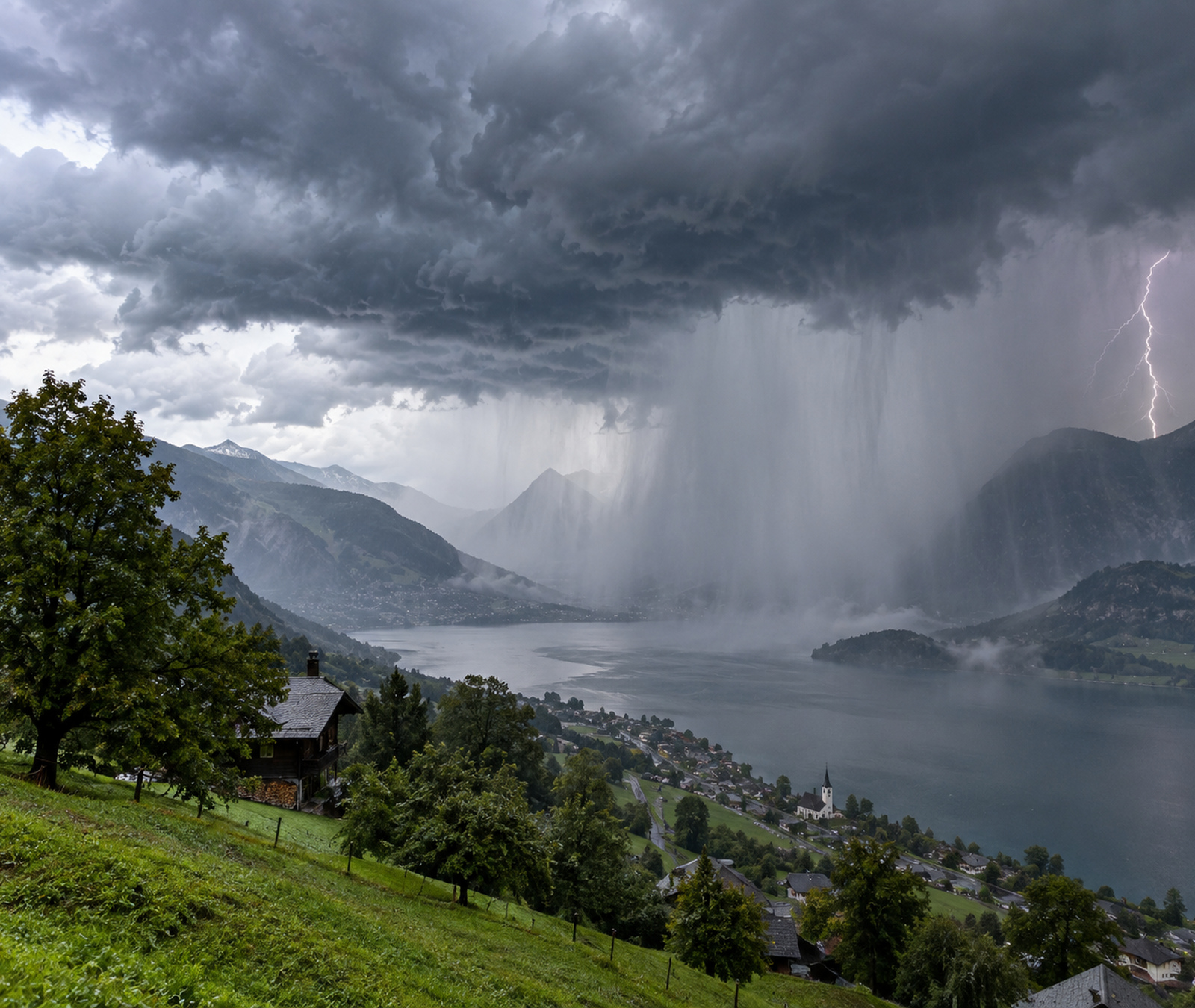 Deutsche Landschaft mit dunklen Schauerwolken und kräftigem Wind