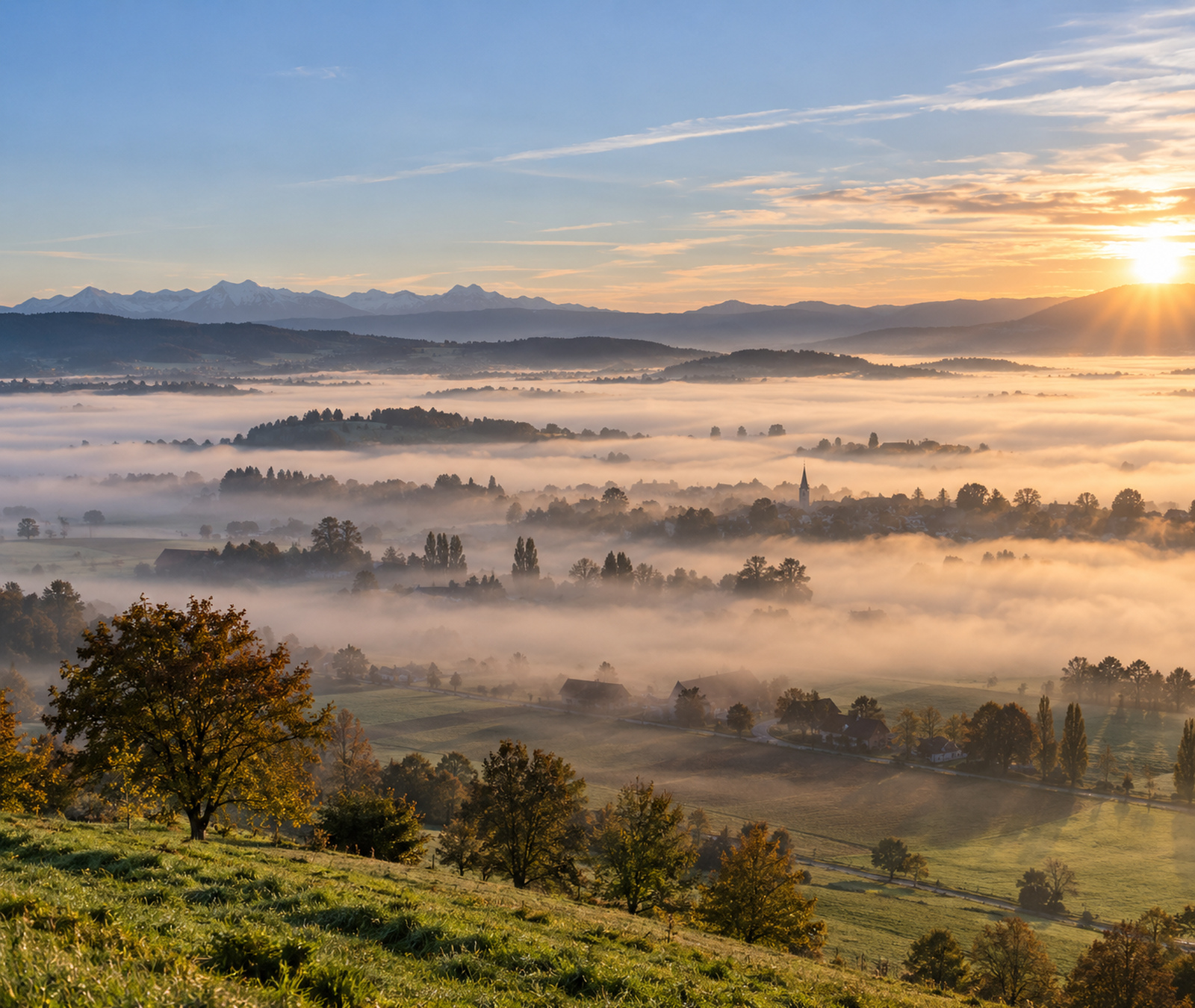 Herbstliche deutsche Landschaft mit Morgennebel und Sonne