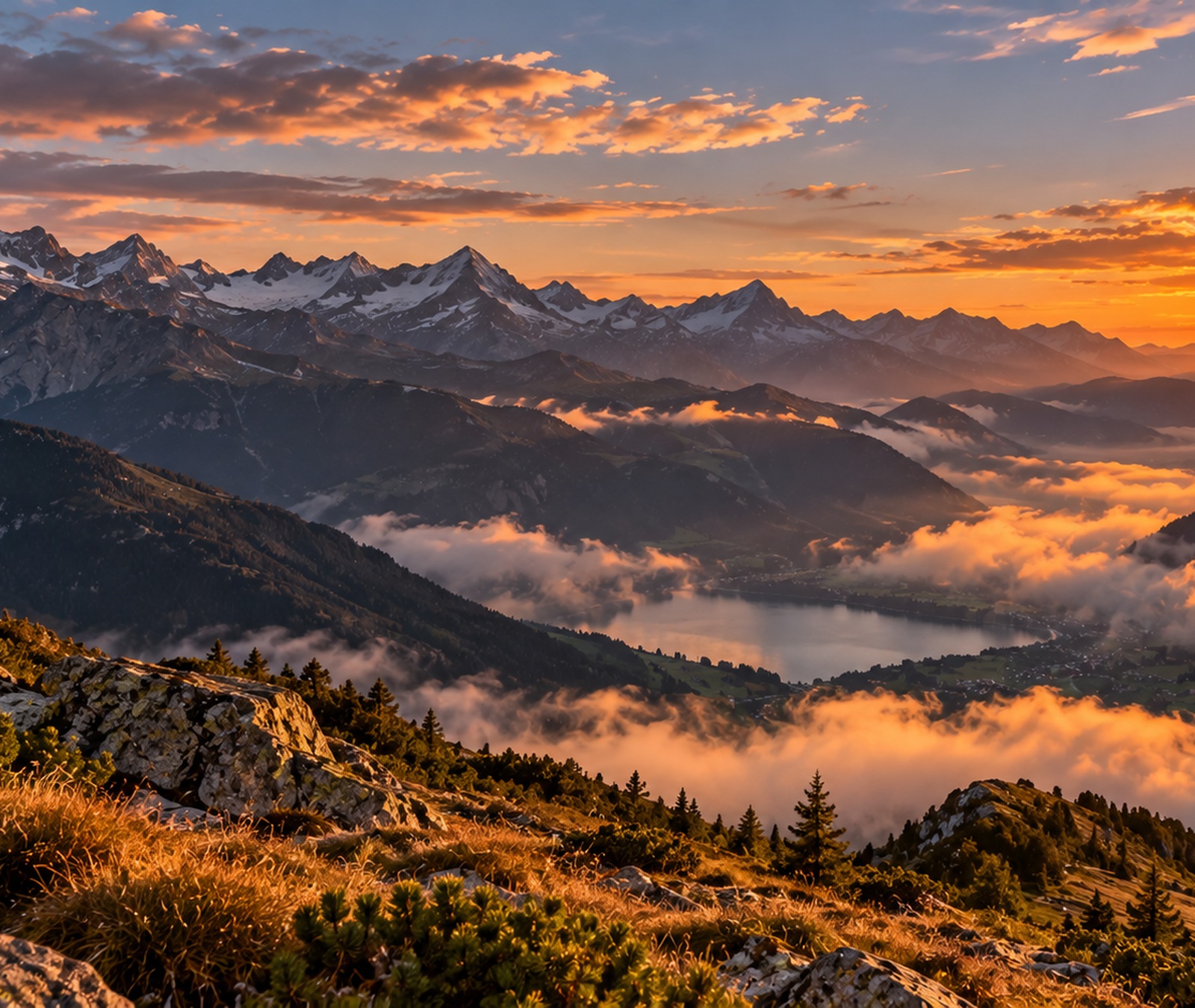 Herbstliche Landschaft in Deutschland bei ruhigem Abendwetter ohne winterliche Schneekulisse