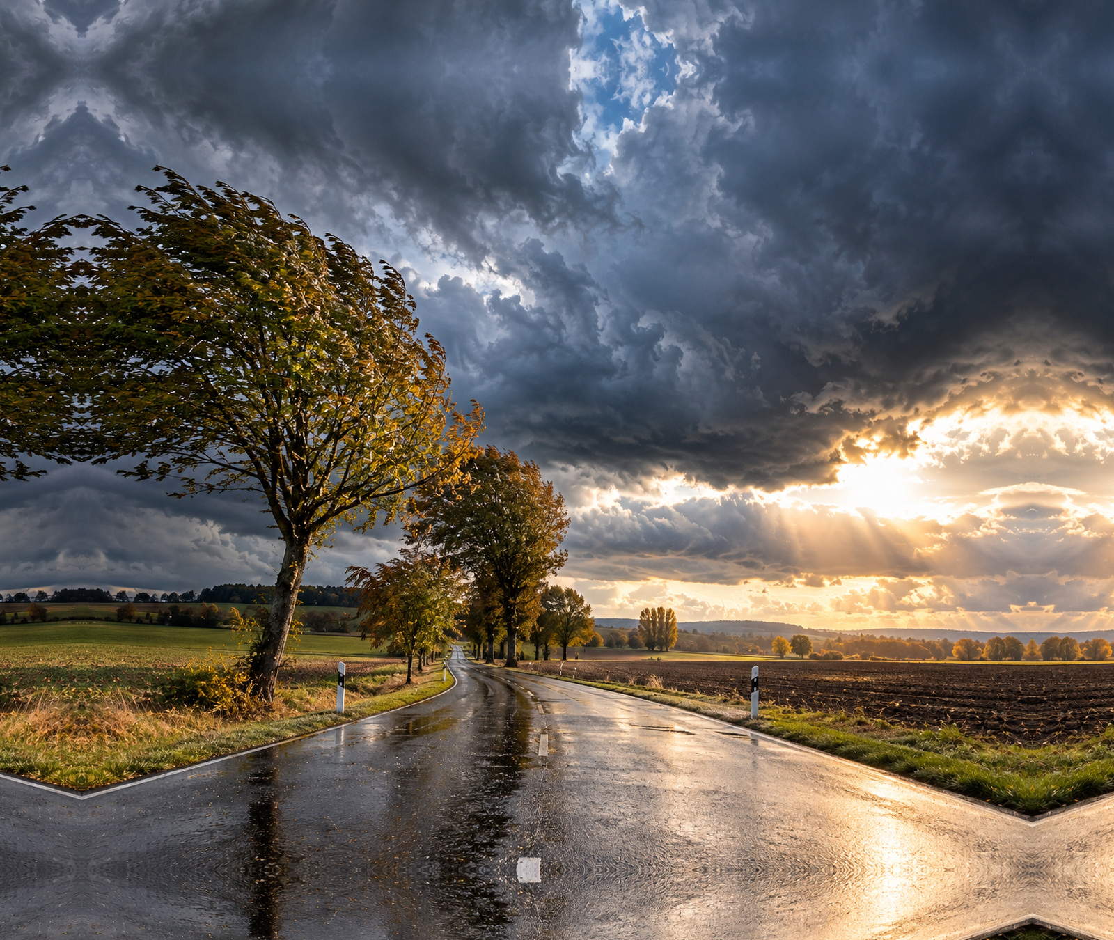 Nasse herbstliche Landstrasse unter dunklen Wolken mit Aufhellungen