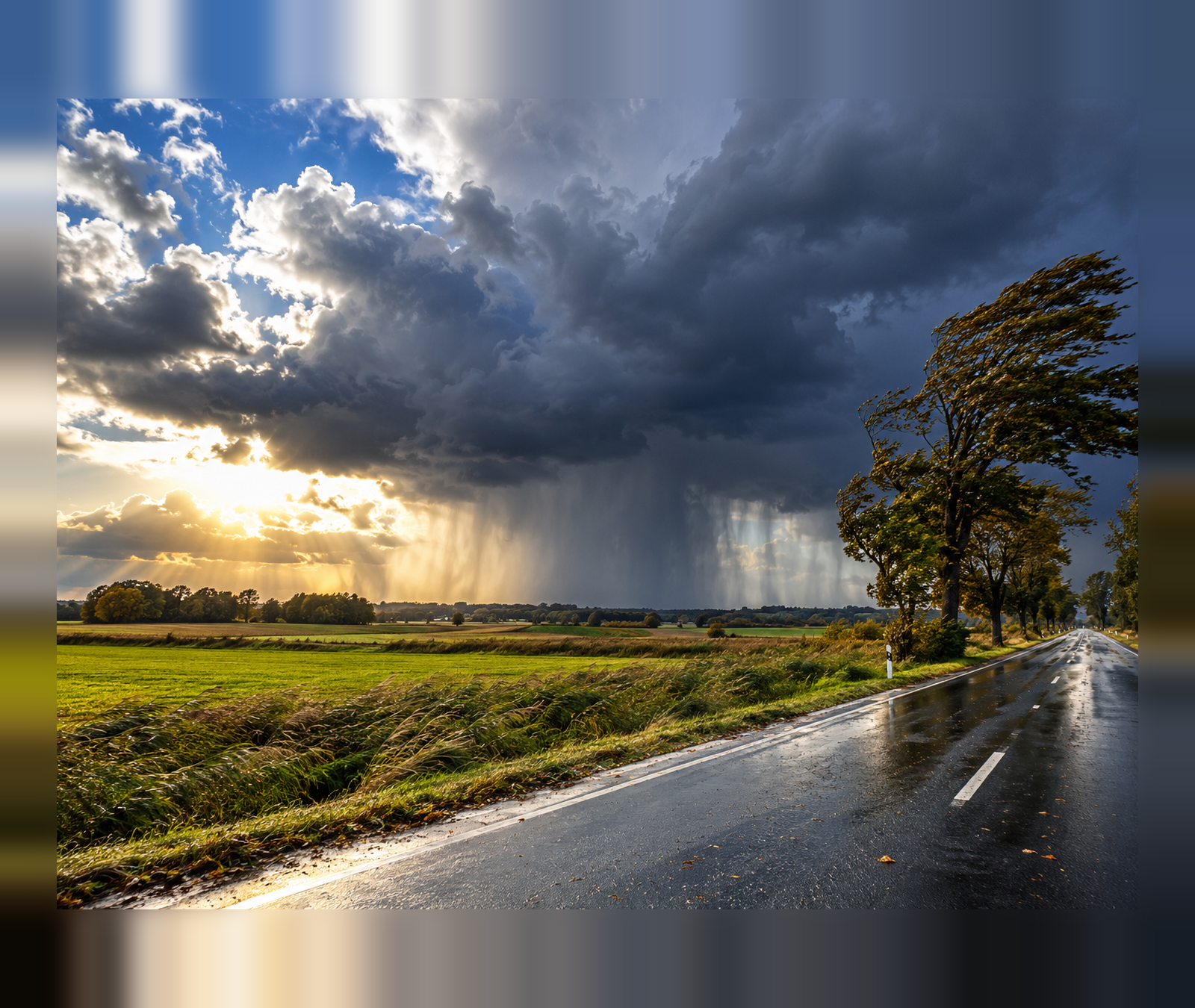 Nasse deutsche Landstrasse unter Schauern und kräftigem Wind