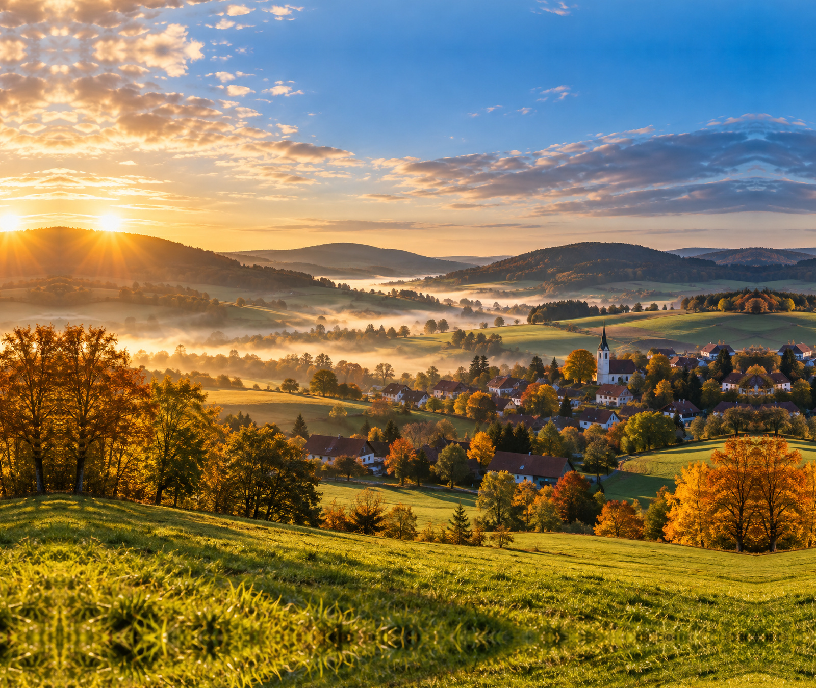 Goldener Herbstmorgen über einem ländlichen Tal mit örtlichem Frühnebel als Symbolbild für das Deutschlandwetter.