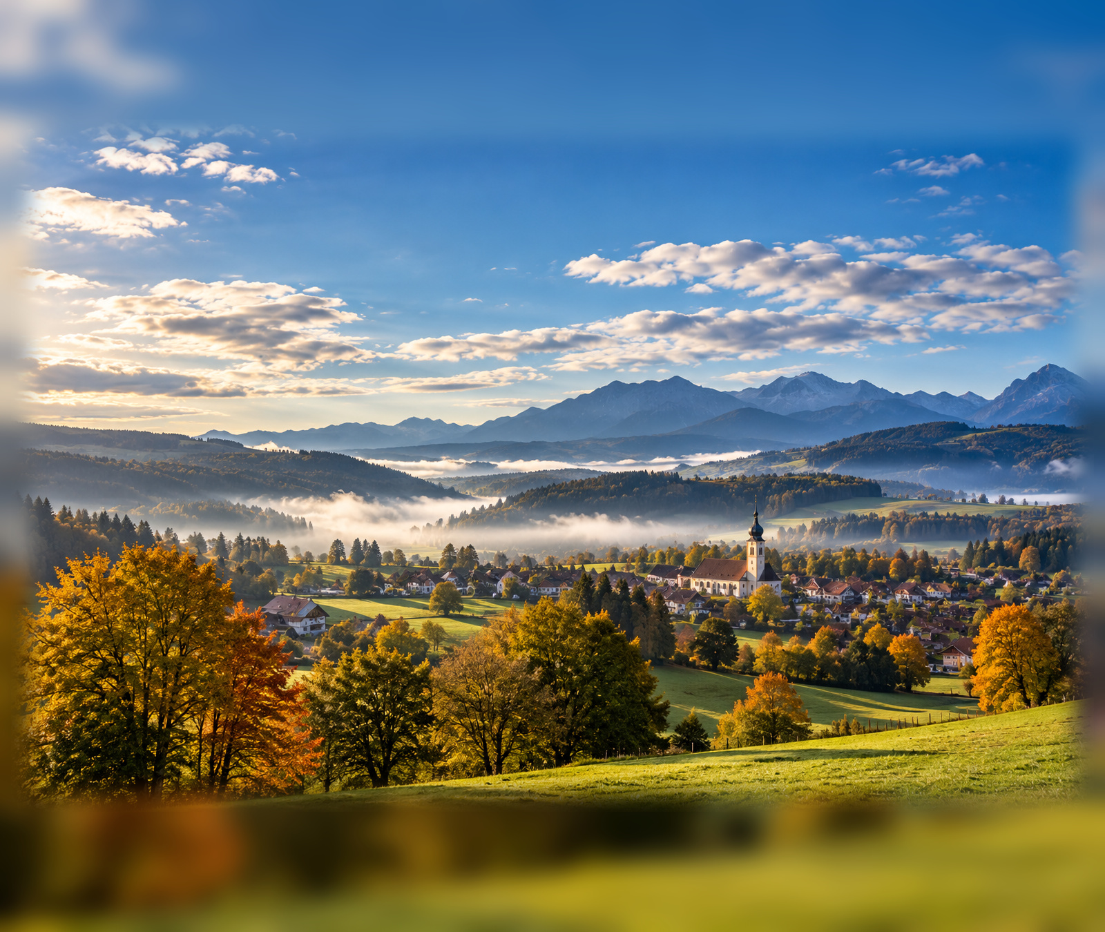 Sonnige herbstliche Landschaft in Deutschland mit Morgennebel und Wolkenfeldern