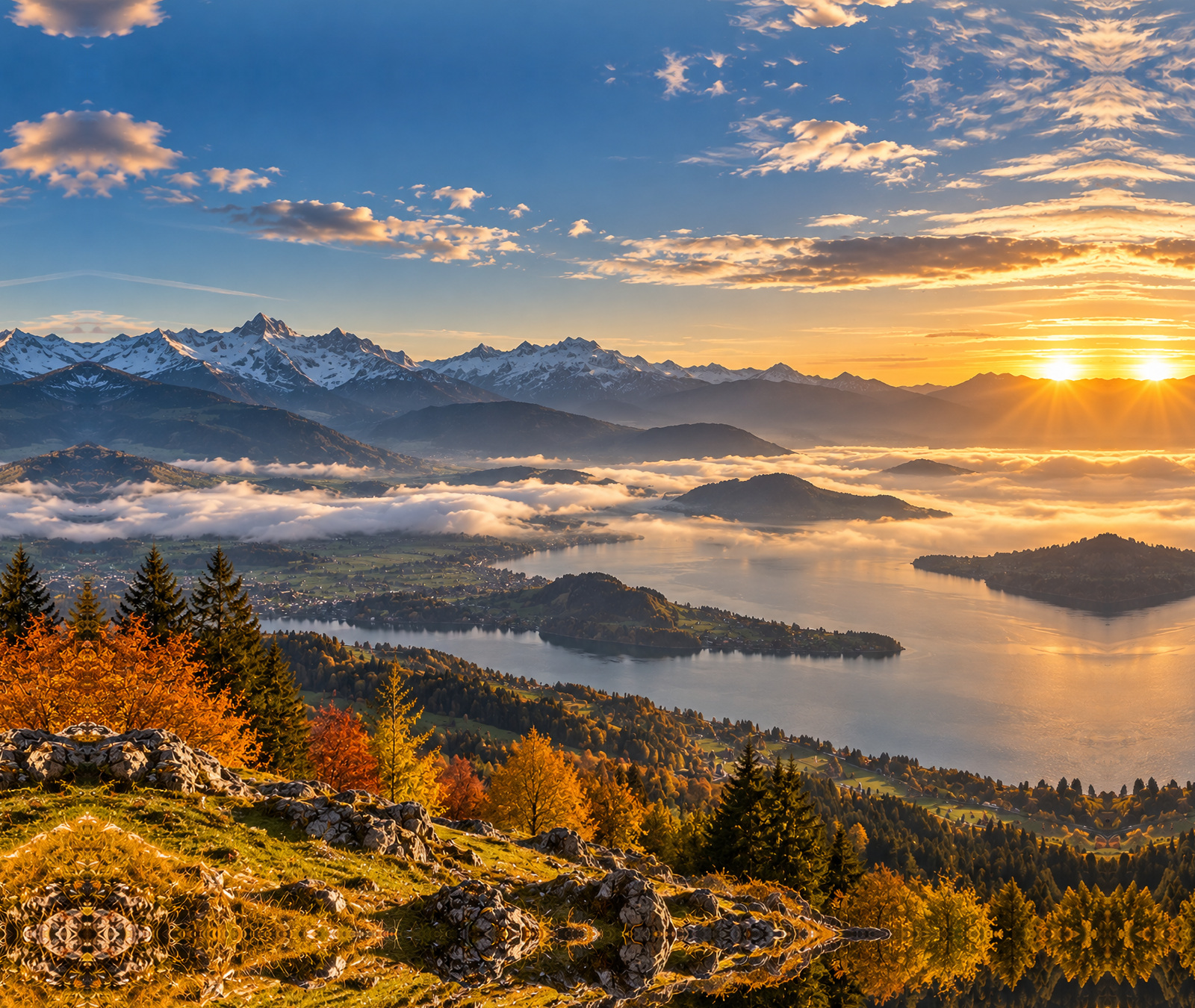 Herbstliche mitteleuropäische Landschaft mit Sonne, Nebelfeldern und Wolken als Symbolbild für das Deutschlandwetter.