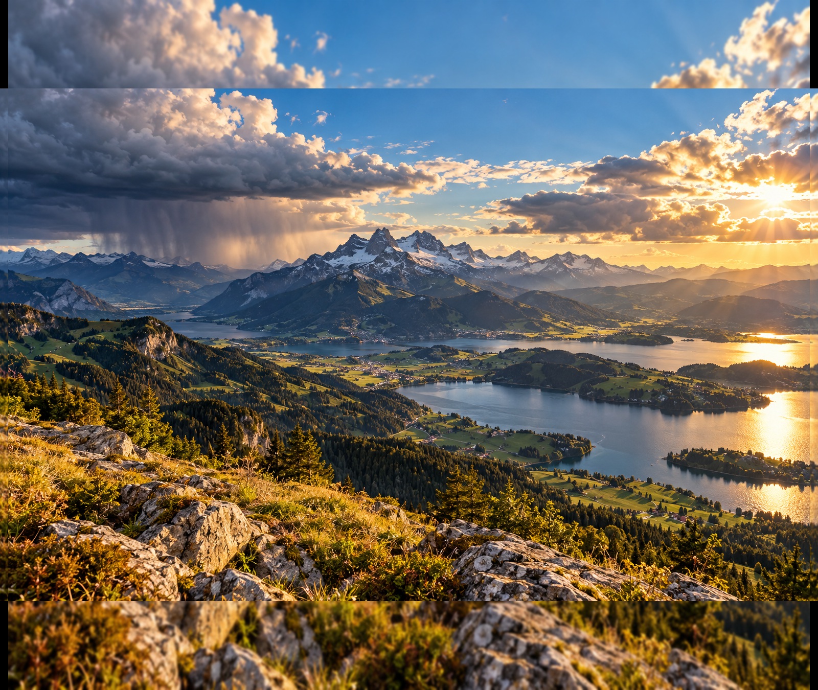Spätsommerliche Wetterstimmung über einer mitteleuropäischen Berg- und Seenlandschaft