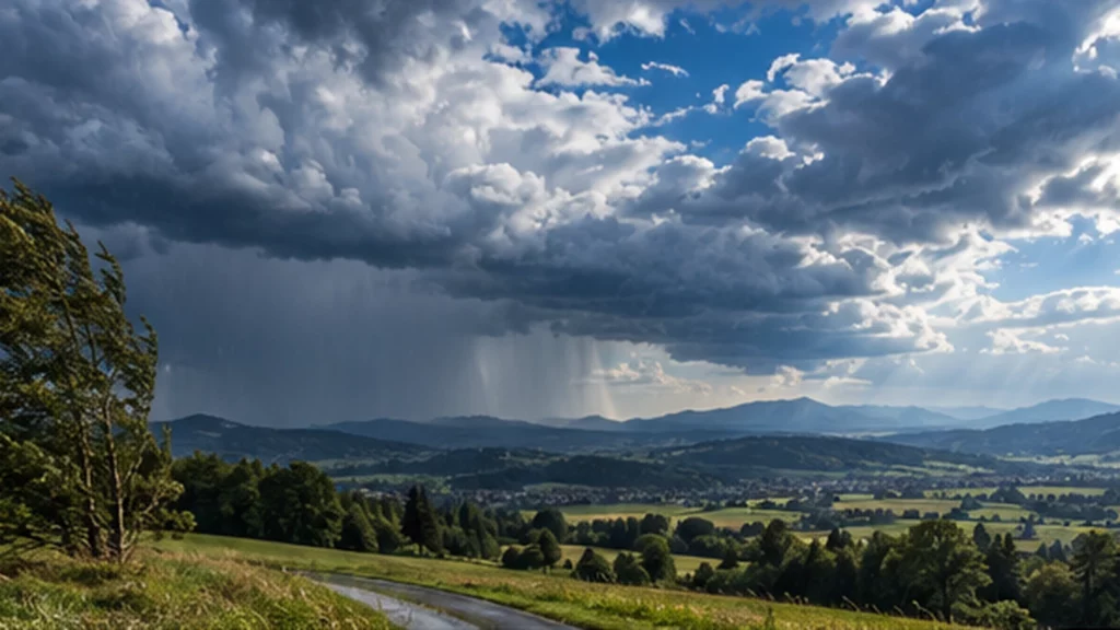 Windgepeitschte Bäume und dunkle Schauerwolken über einer mitteleuropäischen Landschaft als Symbolbild