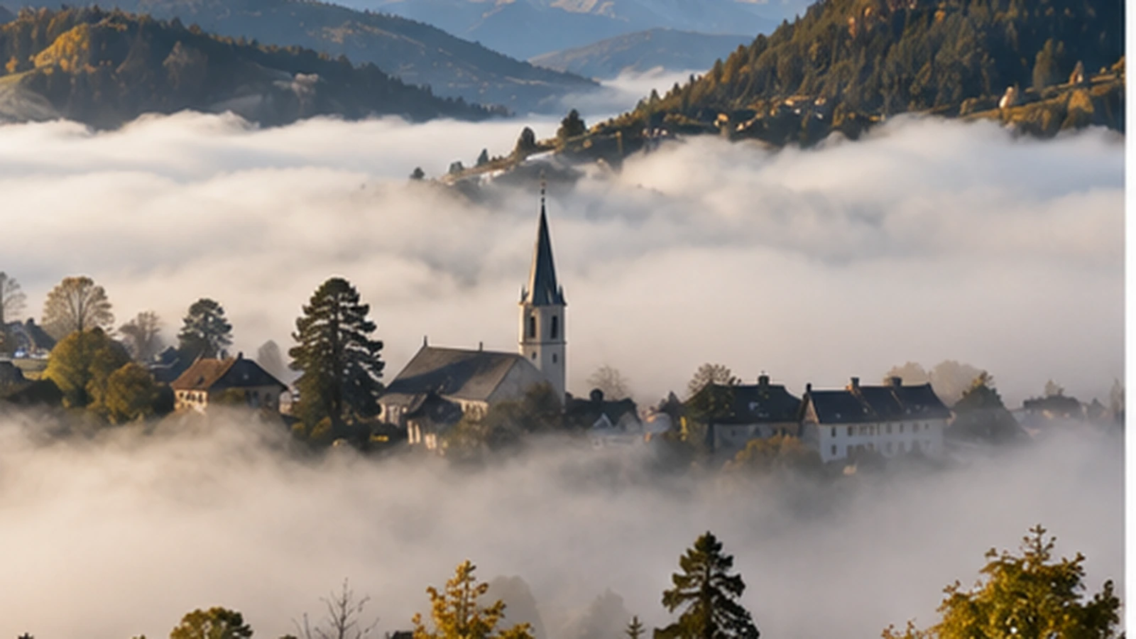 Nebel liegt in einem Tal und um eine Ortschaft als neutrales Symbolbild für eingeschränkte Sicht am Freitagmorgen