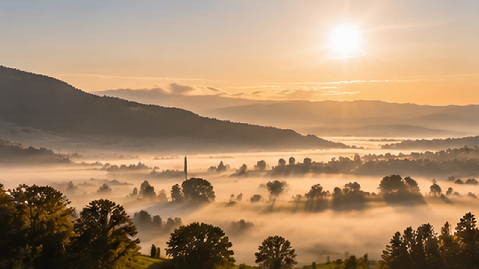 Nebelfelder über einer flachen Landschaft bei aufgehender Sonne als Symbolbild für den Freitag in Deutschland