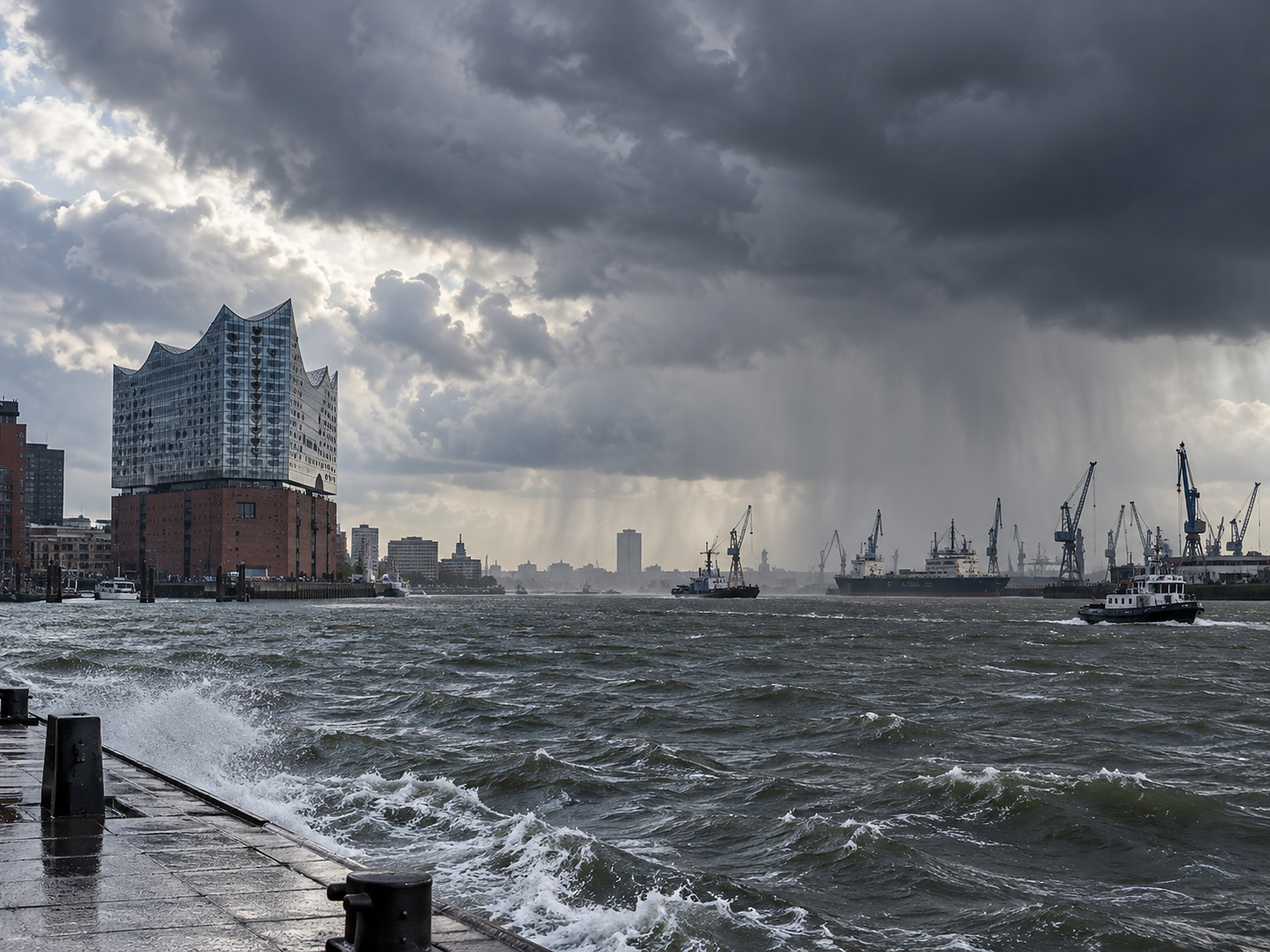 Realistisch aufgebaute redaktionelle Wetterillustration für Norddeutschland mit Regen, kräftigem Wind und Hamburger Hafen