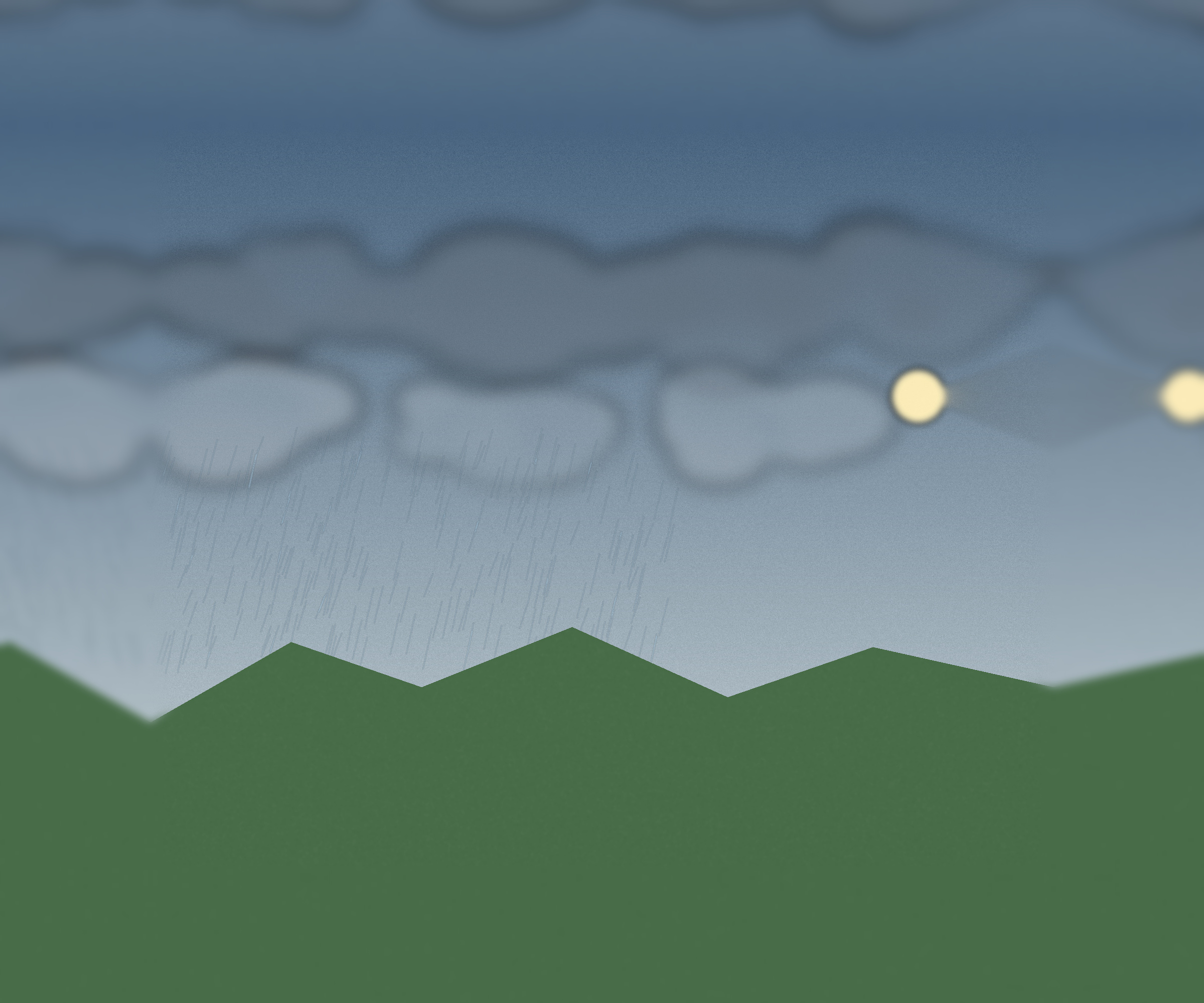 Dunkle Kaltfront mit Regenbändern über einer grünen deutschen Landschaft, daneben erste Auflockerungen