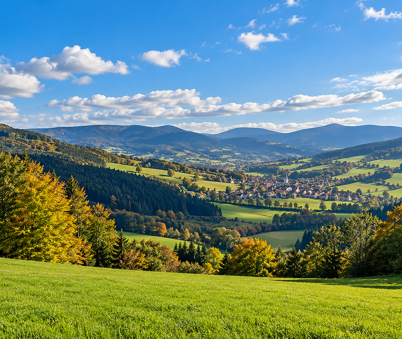 Sonnige deutsche Hügellandschaft mit grünen Wiesen und herbstlichen Wäldern