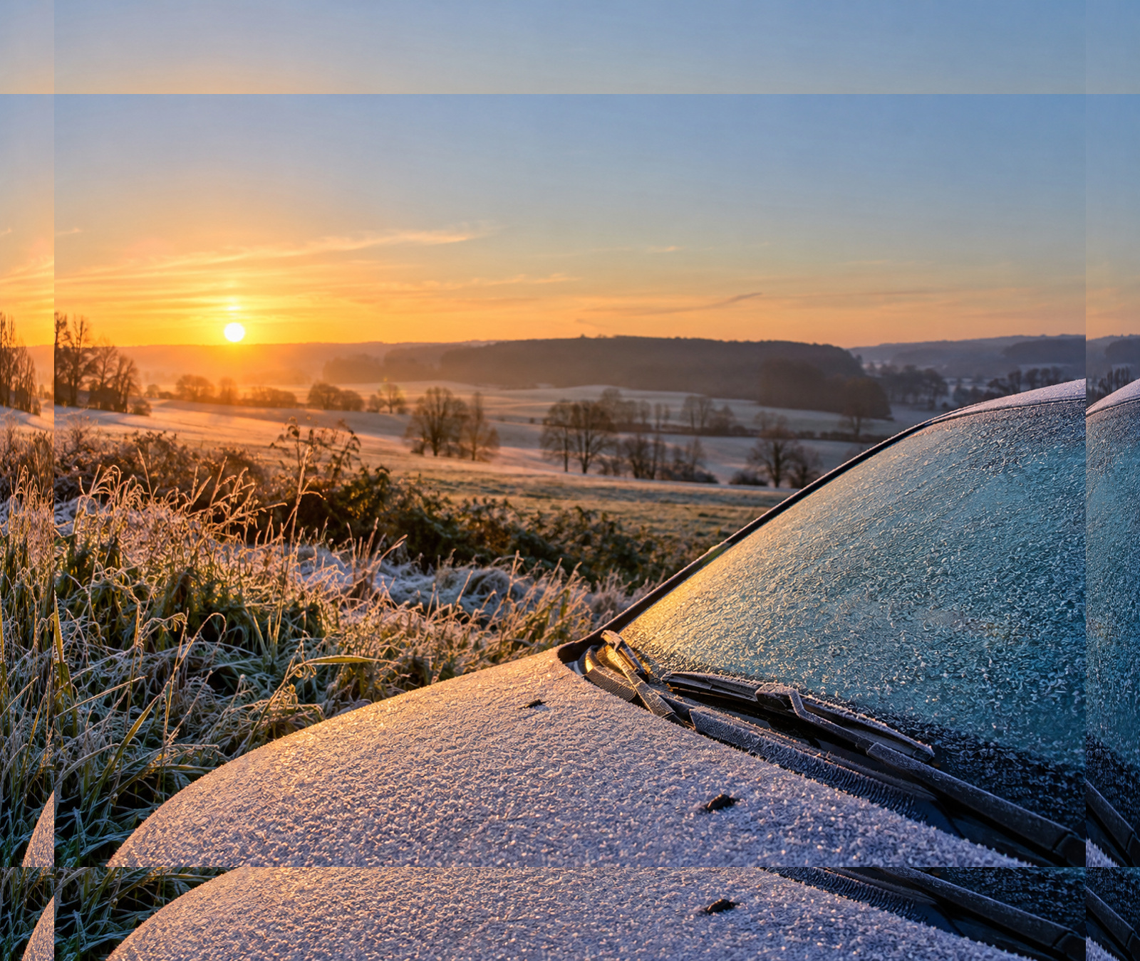 Frostige Autoscheibe und bereifte Landschaft bei klarem Sonnenaufgang