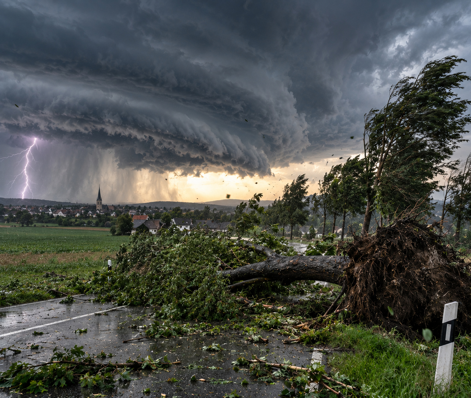 Schwerer Sturm über einer deutschen Landschaft mit umgestürztem Baum, Starkregen und kräftigen Windböen