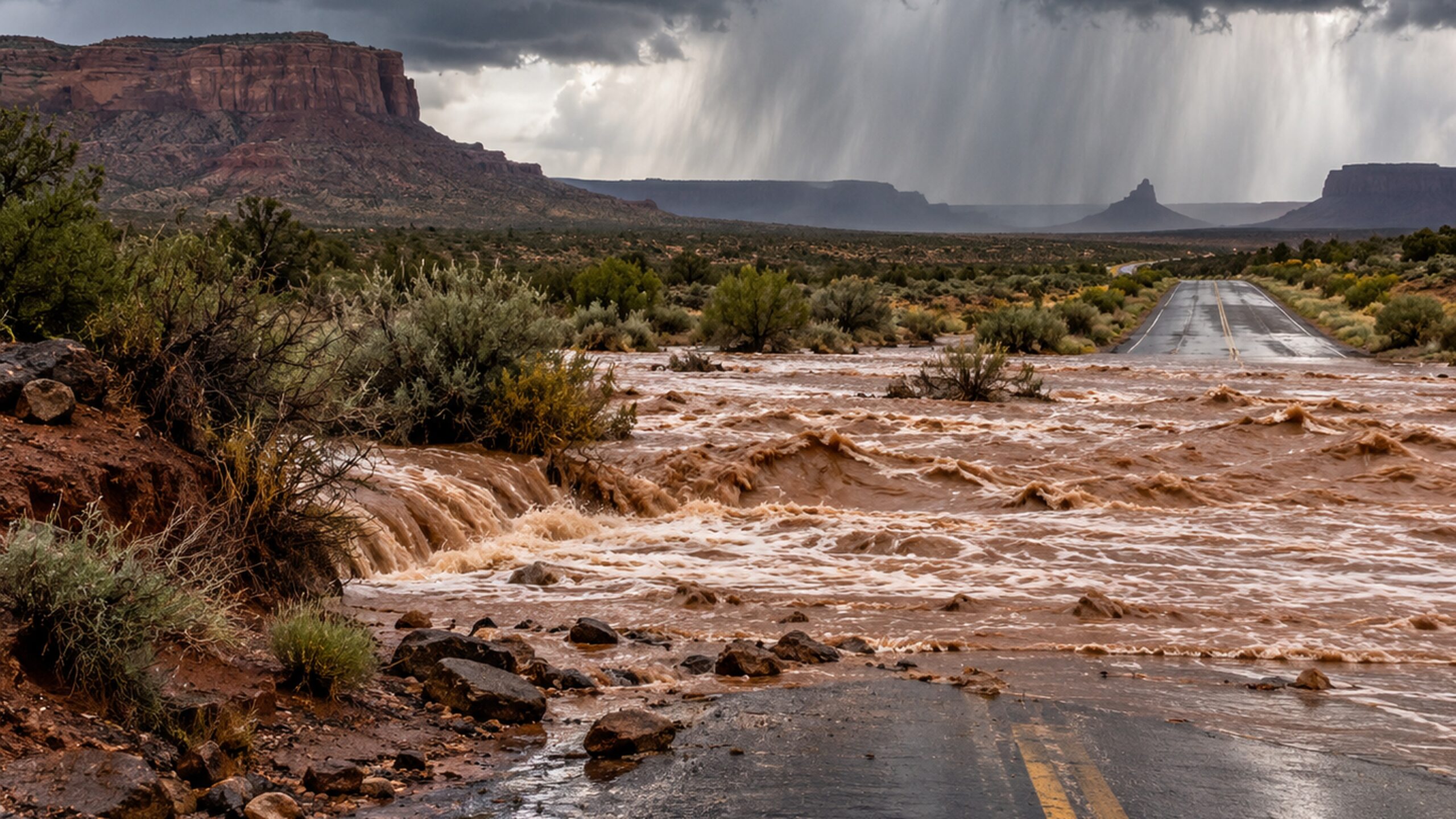 Überflutete Straße in einer trockenen Landschaft unter schweren Gewitterwolken im Südwesten der USA