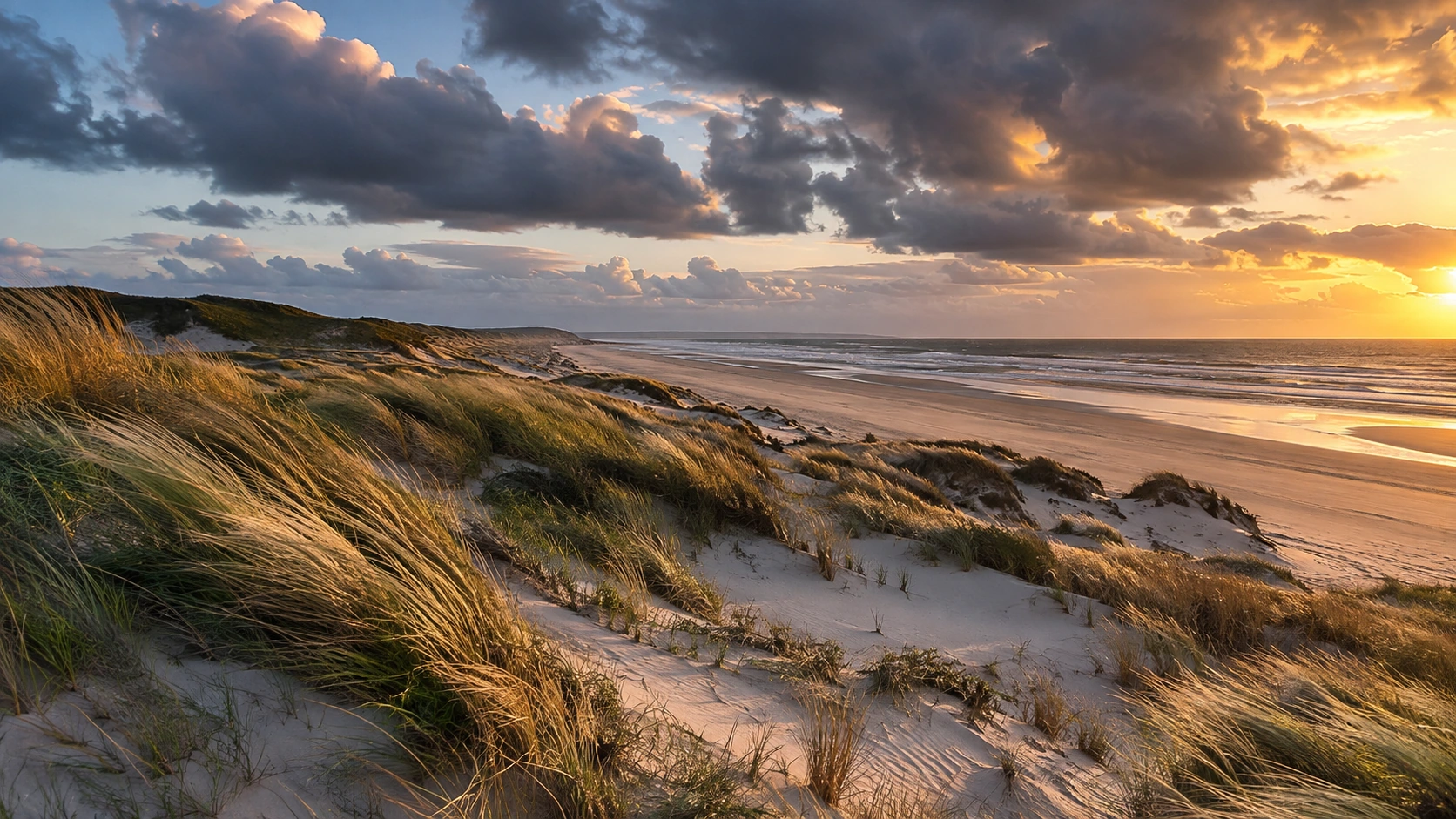 Windswept dunes and sandy North Sea coast under dramatic evening clouds.