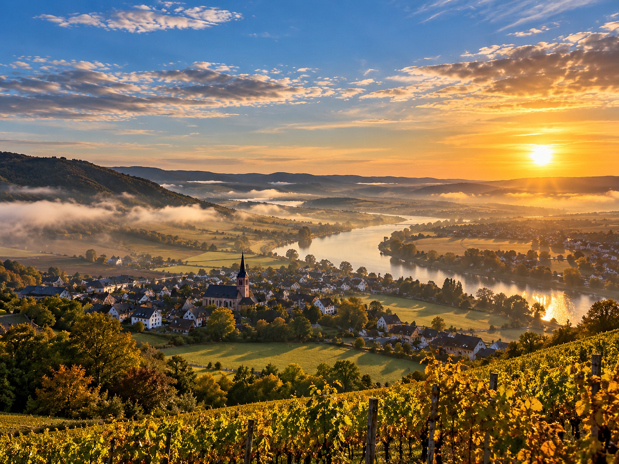 Sonnige deutsche Fluss- und Hügellandschaft im Frühherbst als Symbolbild für den Wettertag.