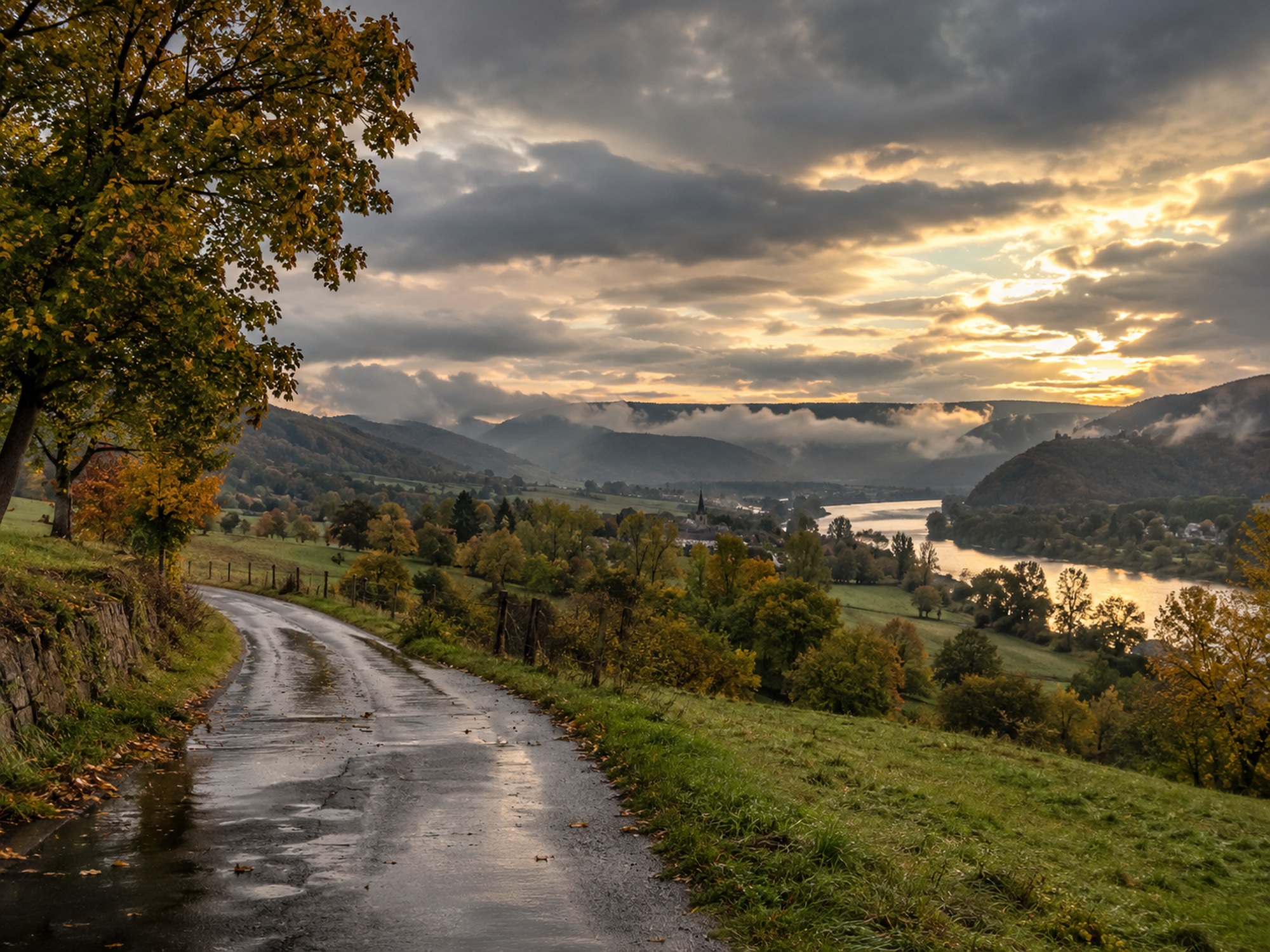 Herbstliche Landschaft in Deutschland mit nasser Strasse nach Regenschauern