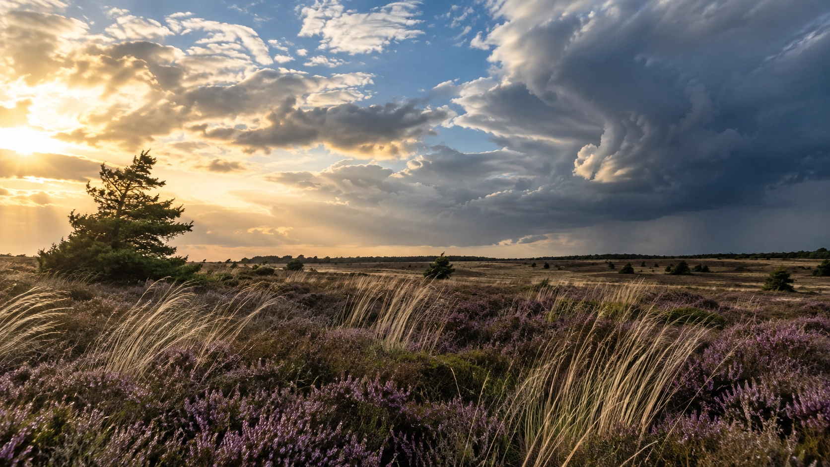 Flache Heidelandschaft mit trockenem Gras und aufziehenden dunklen Schauerwolken unter Abendsonne.