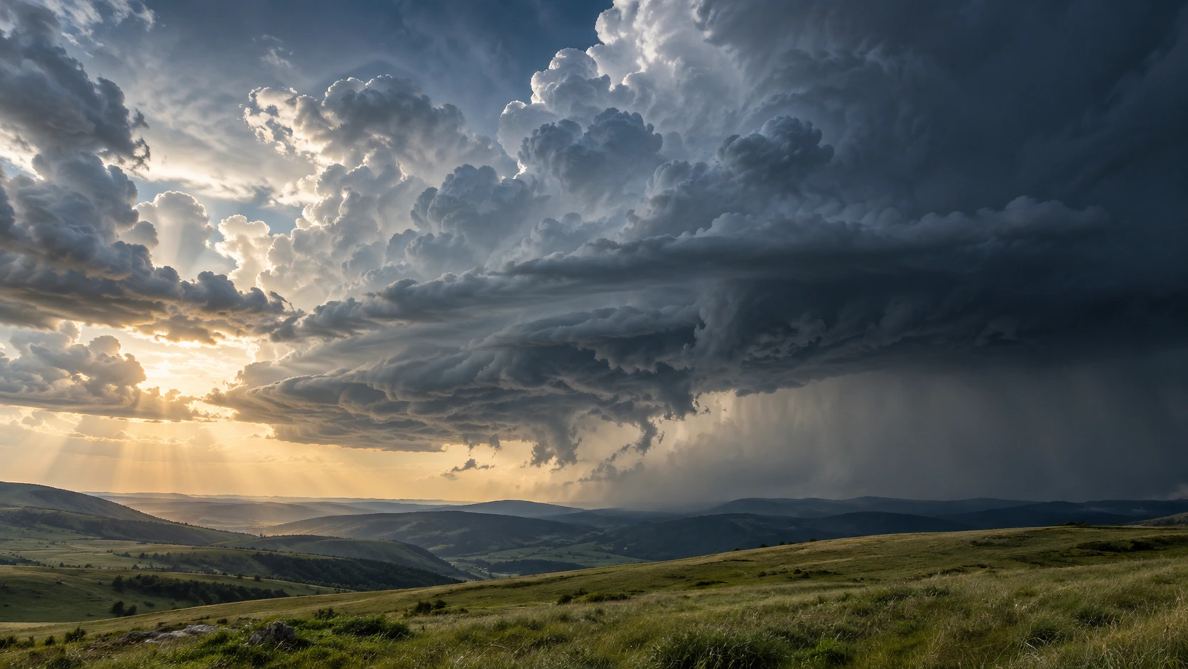 Weite Hügellandschaft unter markanten Schauerwolken und aufgelockertem Abendhimmel.
