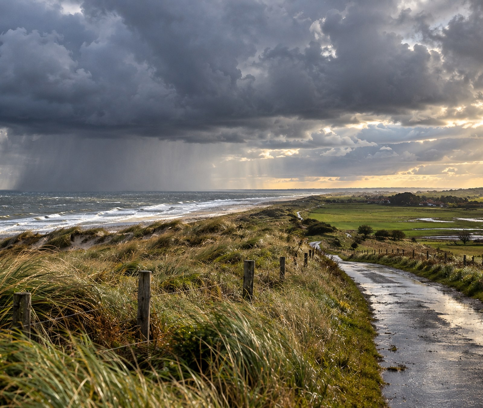Windige deutsche Nordseeküste mit Regenschauern und sonnigen Auflockerungen am Horizont.