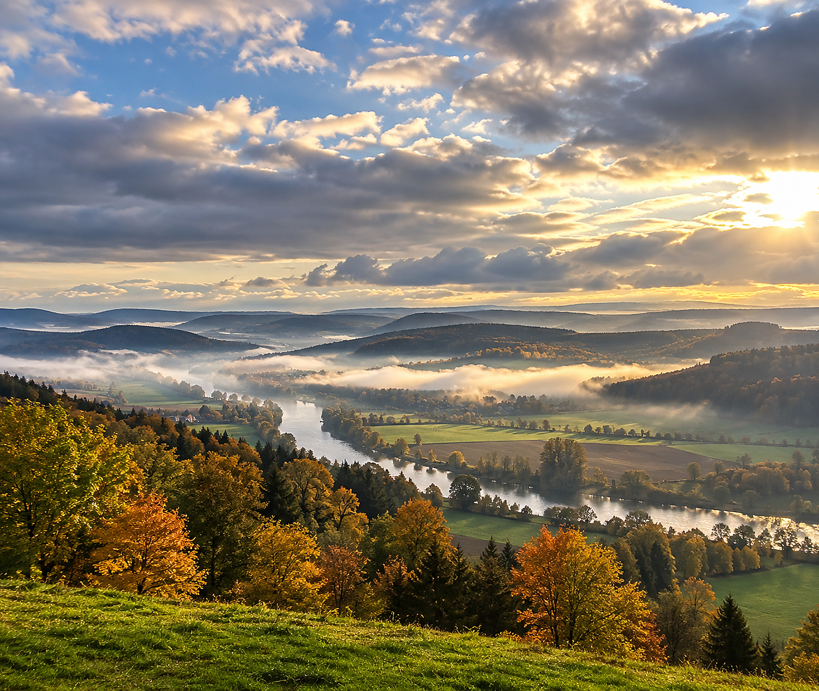 Deutsche Herbstlandschaft mit Flusstal, Nebelfeldern und sonnigen Wolkenlücken