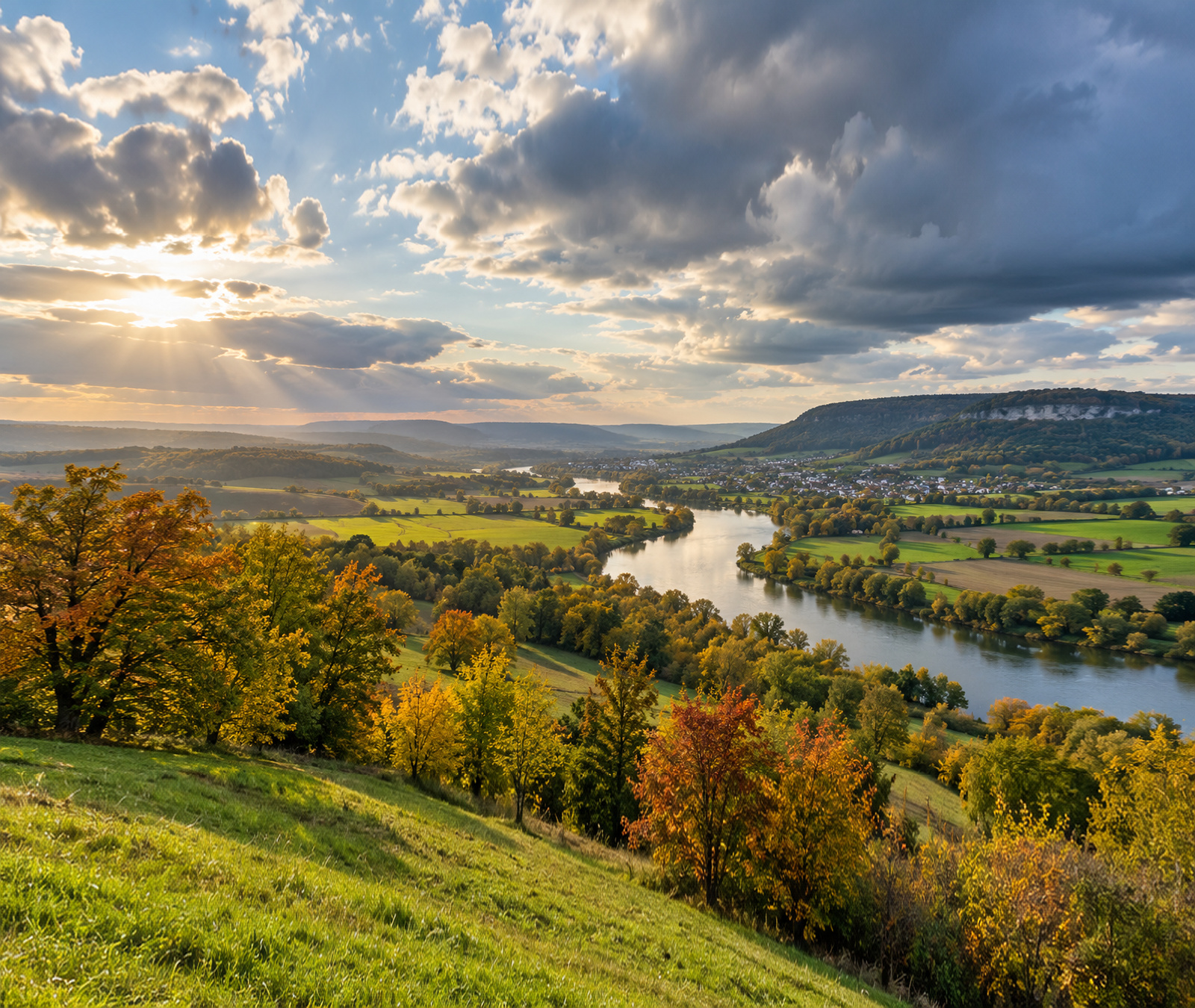 Herbstliches deutsches Flusstal mit Feldern, bunten Bäumen und wechselnden Wolken