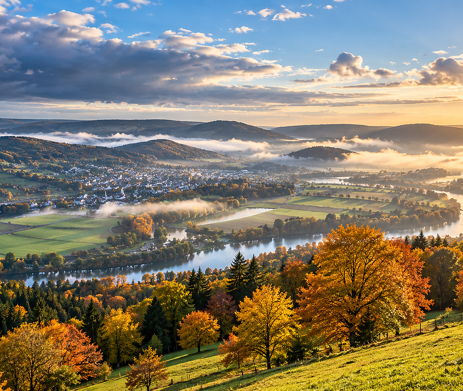 Deutsche Herbstlandschaft mit Flusstal, aufziehender Sonne und letzten Nebelfeldern