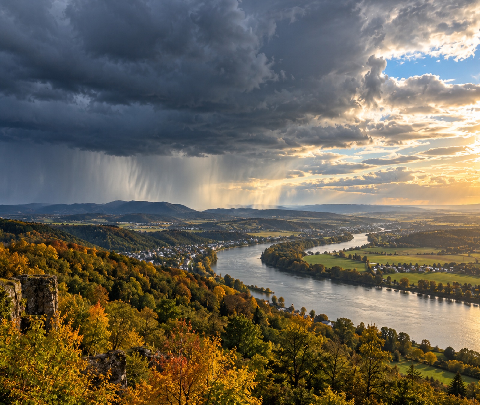 Herbstliche Flusslandschaft in Deutschland unter einer markanten Schauerfront als Symbolbild für das wechselhafte Wetter bis Freitagabend.