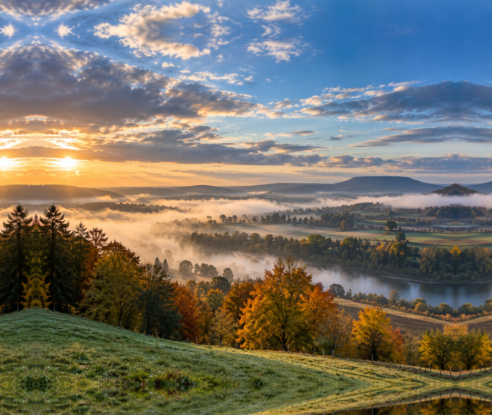 Herbstliche Landschaft in Deutschland mit morgendlichen Nebelfeldern und auflockerndem Himmel als Wetter-Symbolbild.