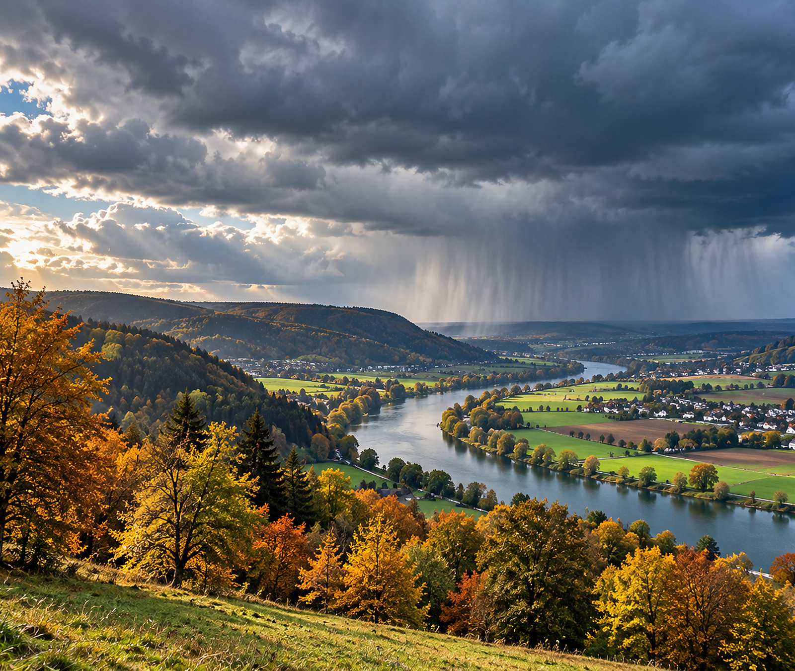 Herbstliches deutsches Flusstal unter einer heranziehenden Regenfront als Symbolbild für das windige und wechselhafte Wochenendwetter.