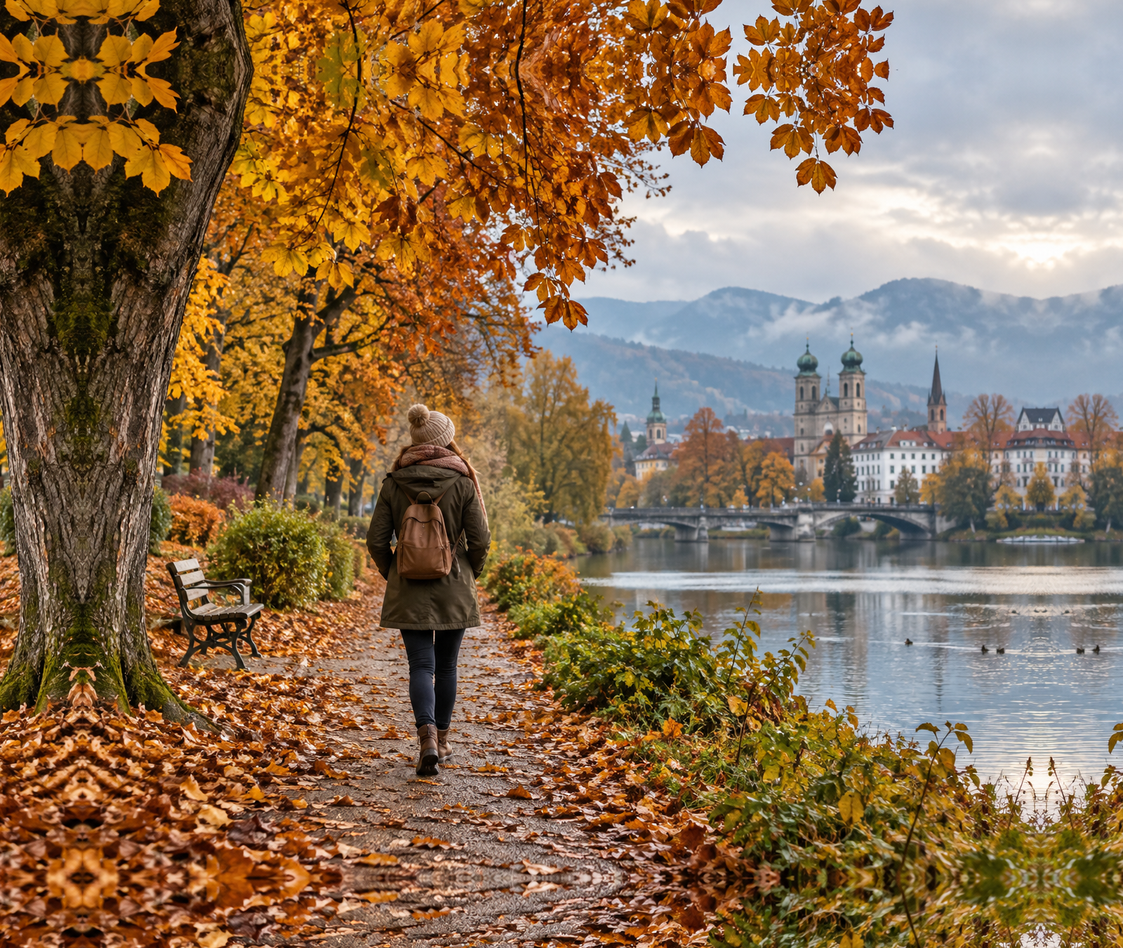 Warm gekleidete Spaziergängerin auf einem herbstlichen Weg am See, Symbolbild