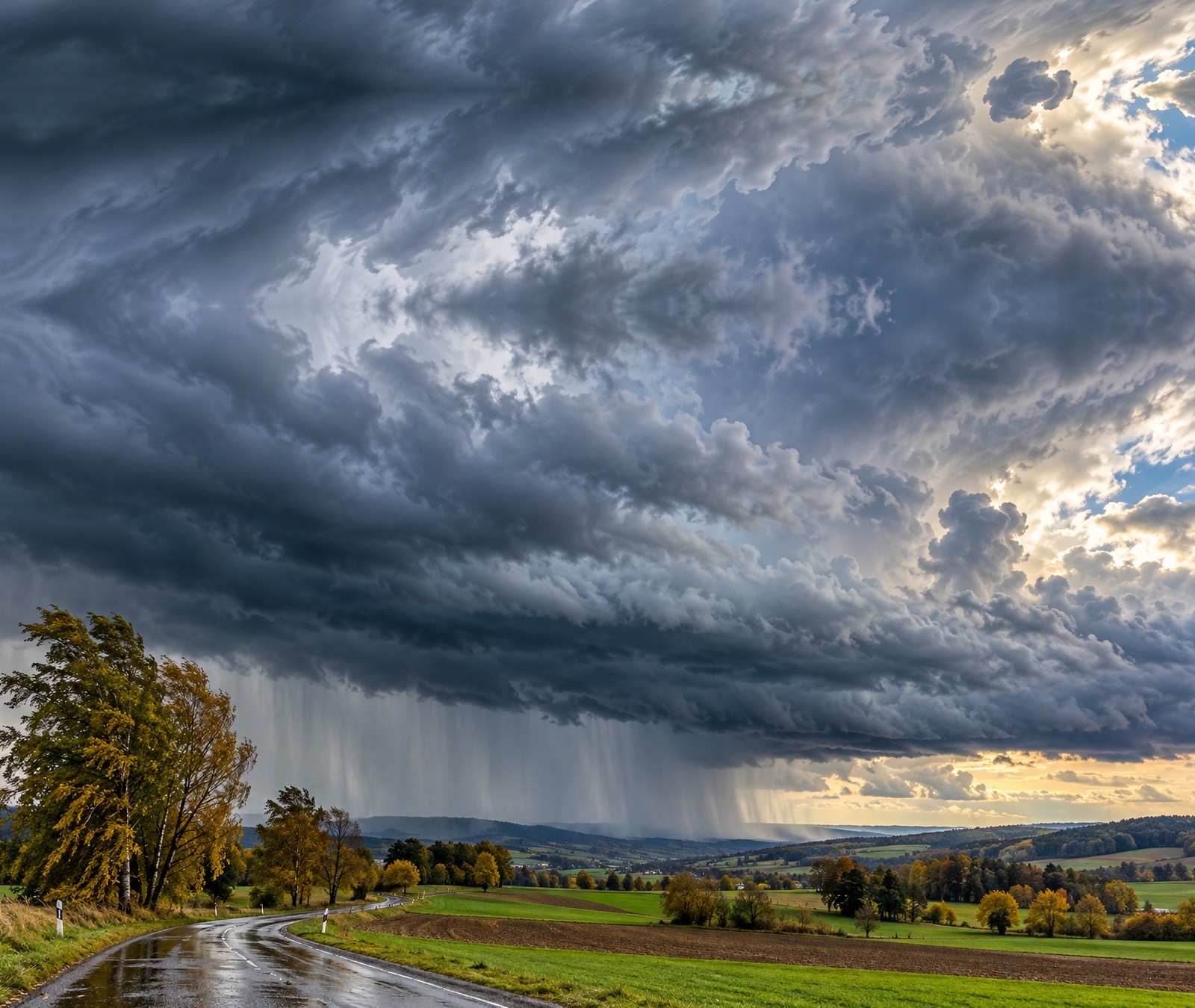 Herbstliche Landschaft in Deutschland unter einer markanten Regenfront mit nasser Strasse und kräftigem Wind als Symbolbild.