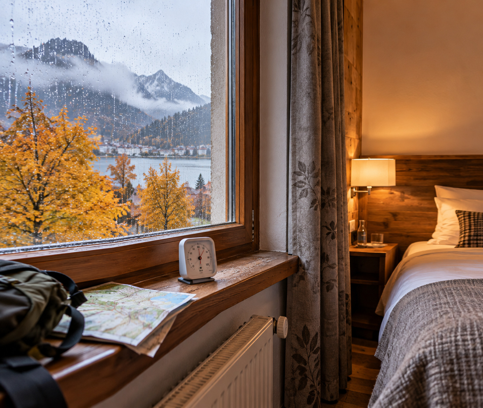 Hotelzimmer mit Fenster und Hygrometer während eines Herbsturlaubs, Symbolbild