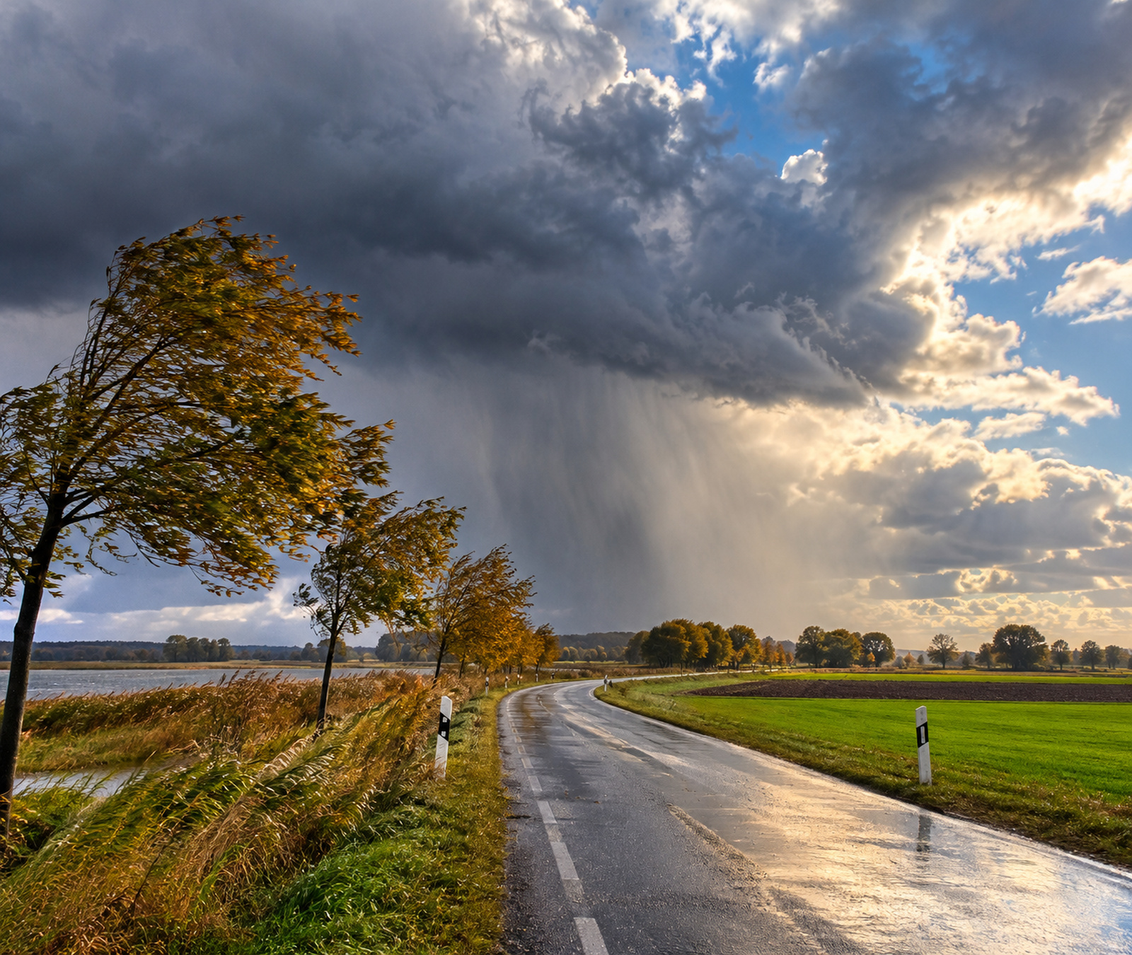 Symbolbild für windiges und regnerisches Herbstwetter in Deutschland mit nasser Landstrasse und dunklen Schauerwolken