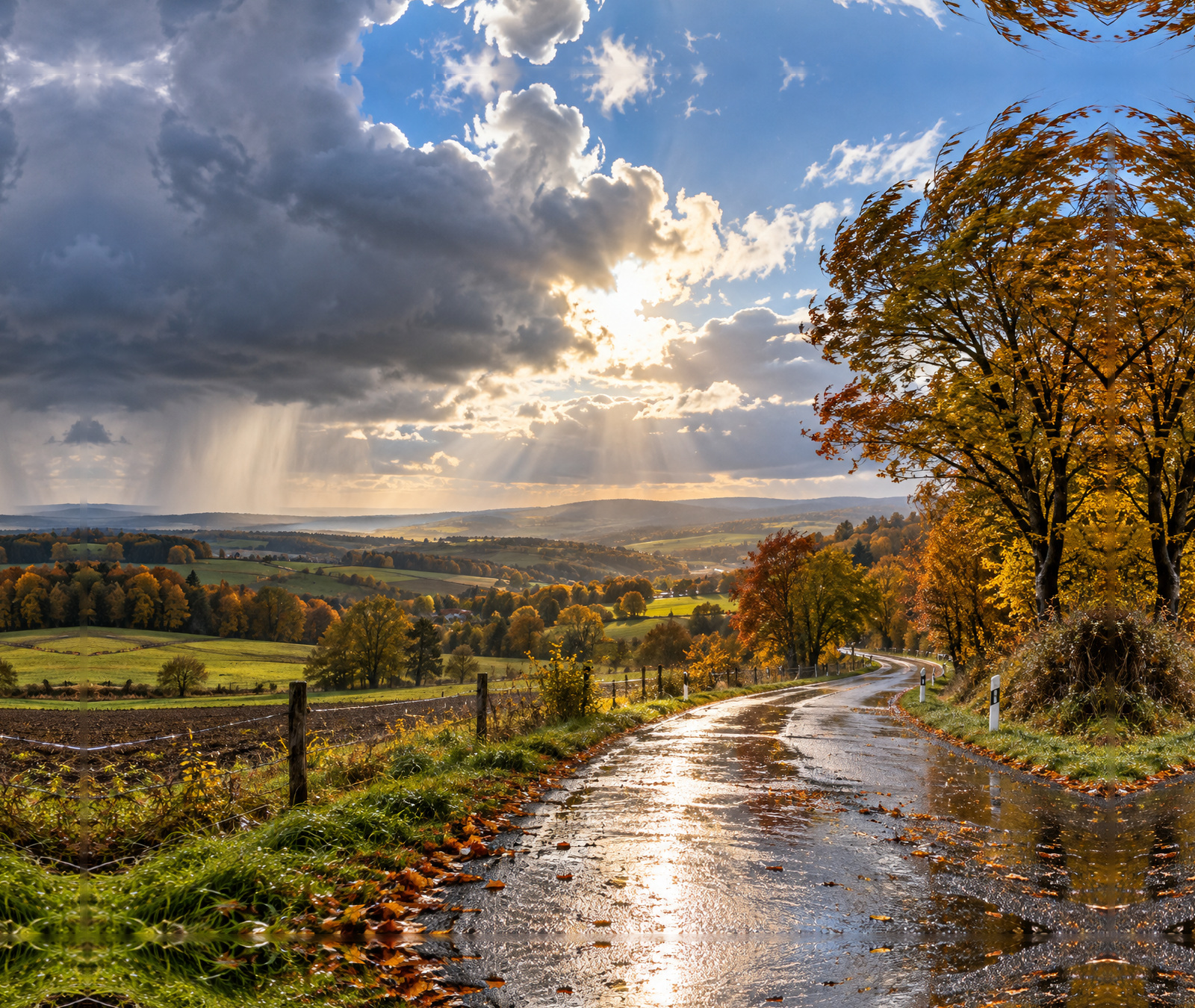 Herbstliche deutsche Landschaft mit nasser Strasse, Wolken, Regenschauer und sonnigen Aufhellungen