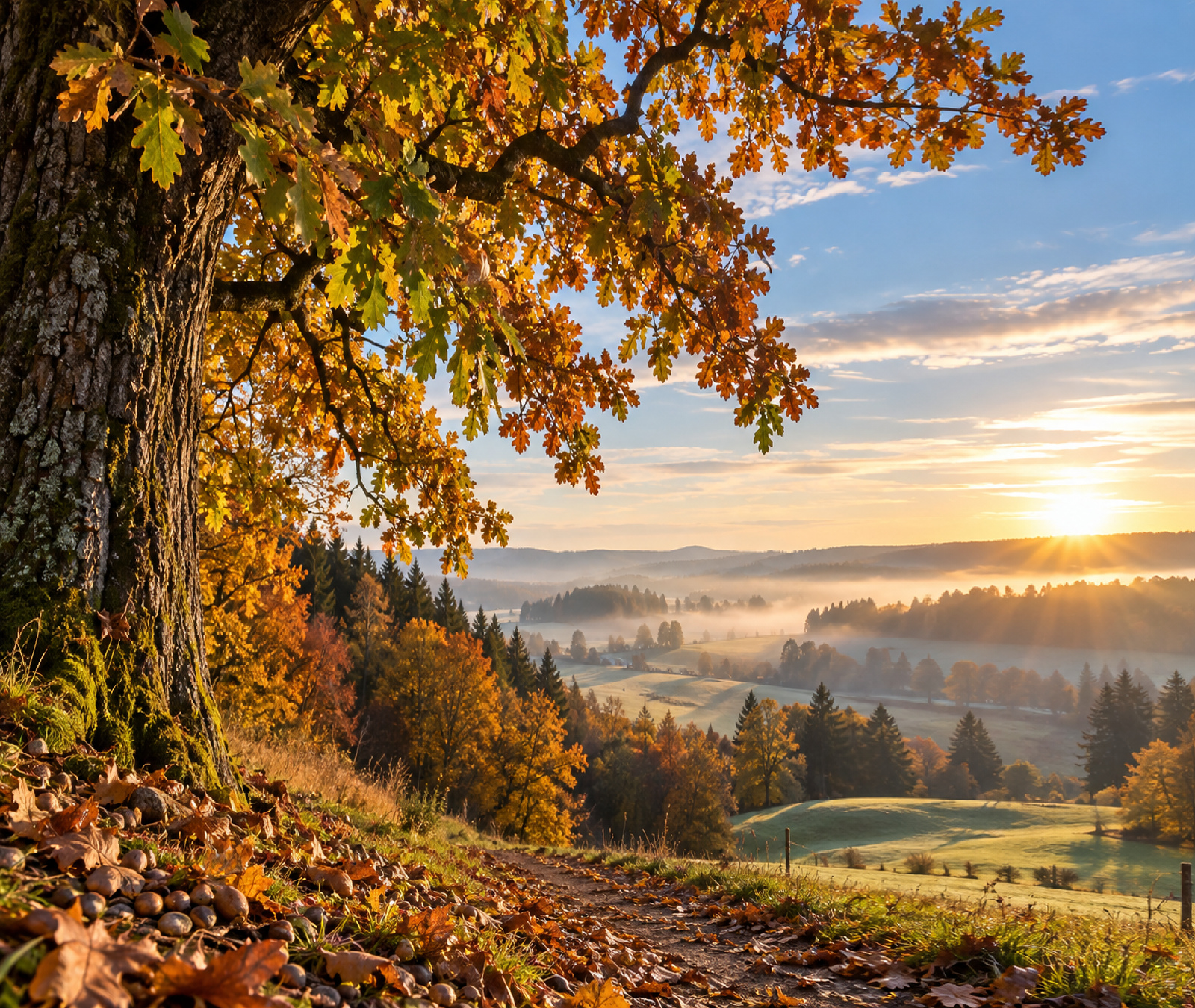 Symbolbild einer grossen Eiche mit orange-goldenem Herbstlaub in einer deutschen Hügellandschaft.