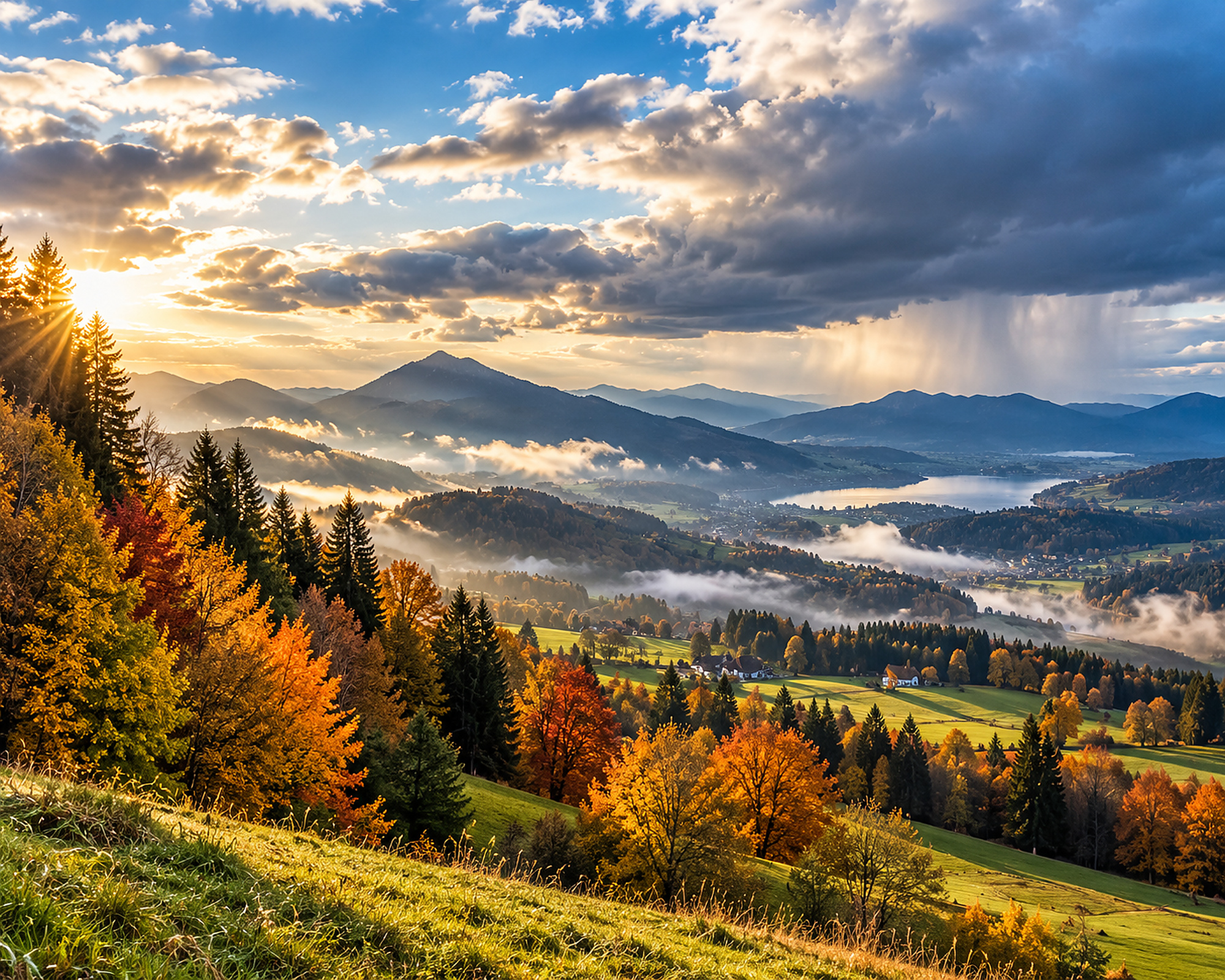 Herbstliche deutsche Mittelgebirgslandschaft mit Nebelfeldern, Sonne und Schauerwolken